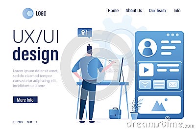 UX design, landing page template. Designer creates structure of information blocks of mobile application. Vector Illustration