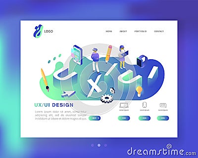 UX and UI Design Landing Page Template. Mobile App and Website Development. Isometric Web Page Layout. Easy to edit Vector Illustration
