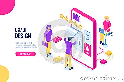 UX UI Design, mobile development application, user interface building, mobile phone screen, people work and help Vector Illustration