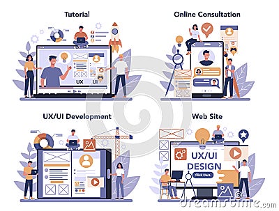UX UI designer online service or platform set. App interface Vector Illustration