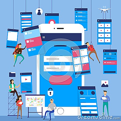 UX UI Flowchart. Mock-ups mobile application concept flat desig Cartoon Illustration