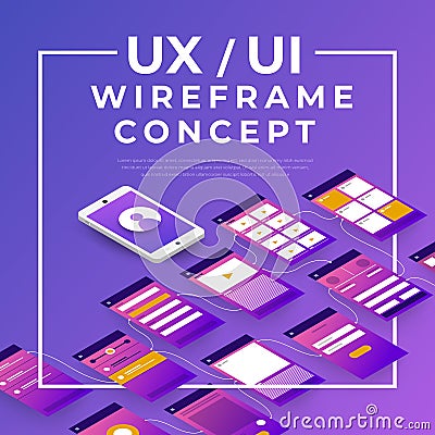 UX UI Flowchart. Mock-ups mobile application concept isometric Vector Illustration