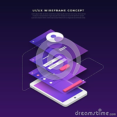 UX UI Flowchart. Mock-ups mobile application concept isometric Vector Illustration