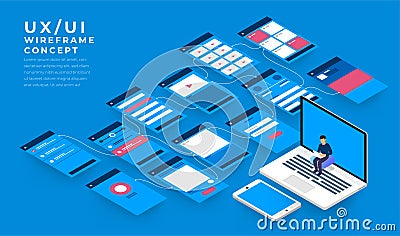 UX UI Flowchart. Mock-ups mobile application concept isometric Vector Illustration