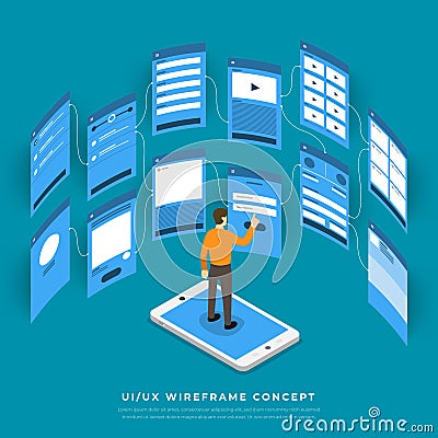 UX UI Flowchart. Mock-ups mobile application concept isometric Vector Illustration