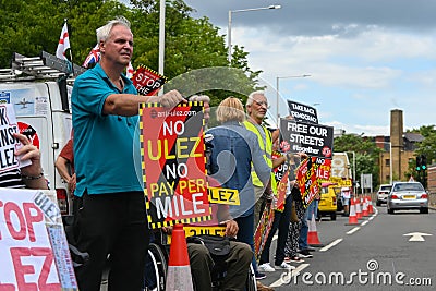 UXBRIDGE, LONDON - 9 July 2023: People protesting against ULEZ expansion Editorial Stock Photo