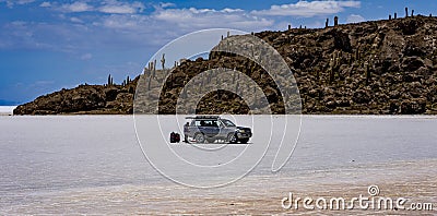 Uyuni, Bolivia, 01182023 - Islands of rock, covered with cactus, are found in several places in the Bolivian Salt Flats Editorial Stock Photo