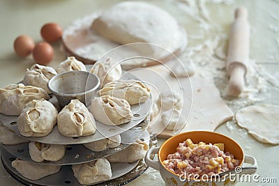 Uzbek national food manta, like dumplings, background of ingredients Stock Photo