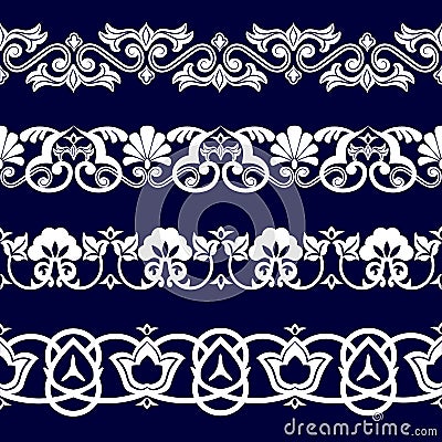 Symmetrical seamless pattern of white cotton ribbon on a blue background in the Uzbek national style Vector Illustration