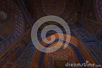 Decorated ceilings of the Till Kari Madrasa at the Registan Square Editorial Stock Photo
