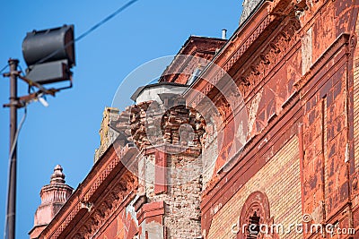 UZHHOROD, UKRAINE - FEBRUARY 17, 2019: Detail of the ruined facade of a historic building synagogue Editorial Stock Photo