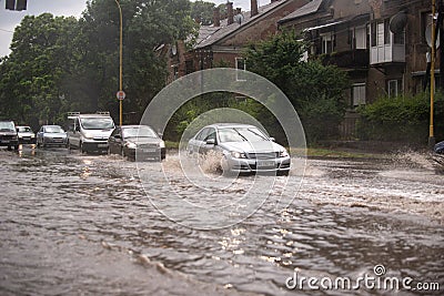 UZHHOROD, UKRAINE - JULY 7, 2019: Strong rain in Uzhhorod, Ukraine Editorial Stock Photo