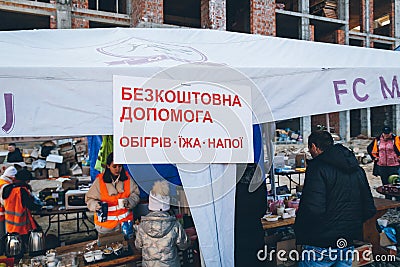 Uzhhorod, Ukraine - 16 March 2022: Humanitarian assistance of volunteers. Volunteer point where there is free help: shelter, food, Editorial Stock Photo