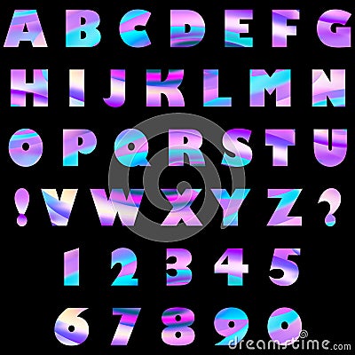 Raster set of elements with a gradient rainbow hologram fill on a black background. Capital letters of the Latin alphabet. Stock Photo