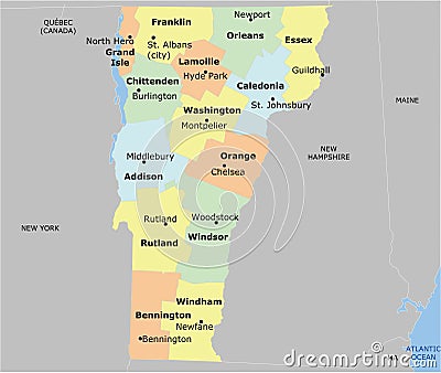 Vermont County Map with 14 counties Vector Illustration