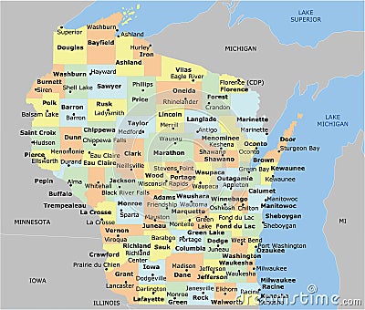 Wisconsin County Map with 72 counties Vector Illustration