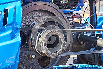 V-belt transmission of energy from the engine to the gearbox Stock Photo