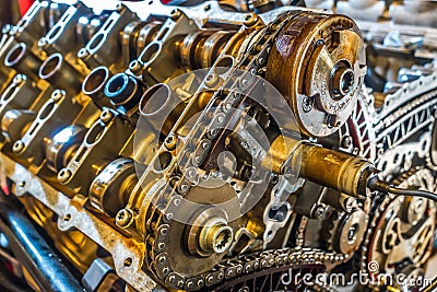 V8 engine from car being rebuilt in garage Stock Photo