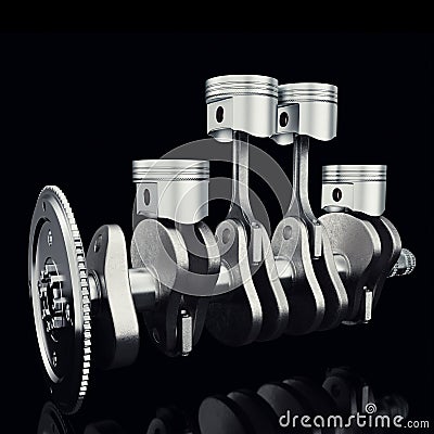 V4 engine pistons and cog on black background. Pistons and crankshaft. Four cylinder engine. V4 Car engine. Concept of Stock Photo