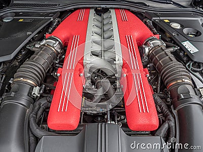 V12 Italian car engine in red Stock Photo