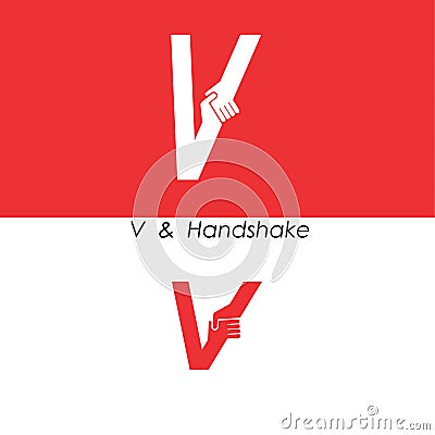 V - Letter abstract icon & hands logo design vector template.Teamwork and Partnership concept.Business offer and Deal symbol. Vector Illustration