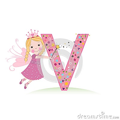 V letter with a cute fairy tale Vector Illustration