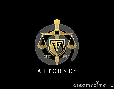 V Letter Law Logo design with golden sword, shield, wreath symbol vector design. Perfect for for law firm, company, lawyer or Vector Illustration
