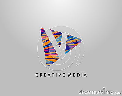 V Letter Logo. Colorful Pop Art Strip on PLay Icon Perfect for Cinema, Movie, Music,Video Streaming Concept Vector Illustration