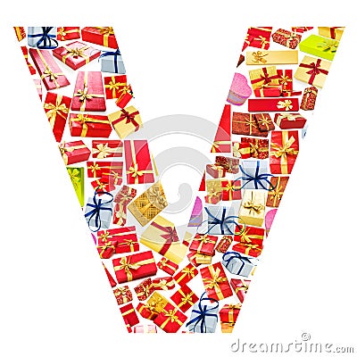 V Letter made of giftboxes Stock Photo