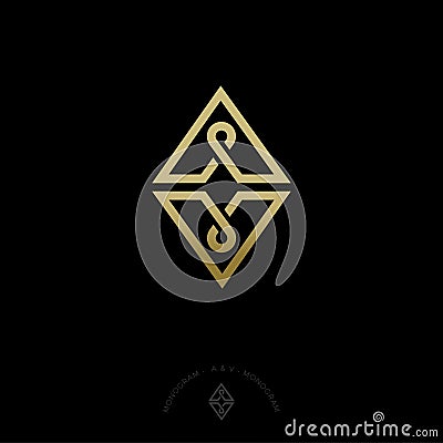 A and V letter. A, V monogram. Logo consist of gold lines as triangles shape with a drop or loop. Vector Illustration