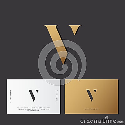 V letter. Optical illusion gold monogram. Gold V logo on a dark background. Vector Illustration