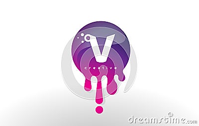 V Letter Splash Logo. Purple Dots and Bubbles Letter Design Stock Photo
