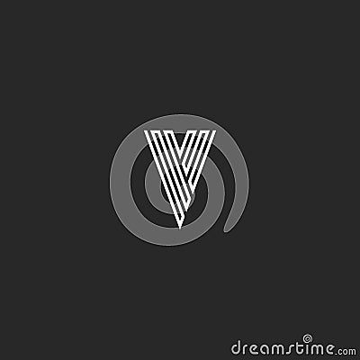 V logo letter initial monogram, thin line black and white minimal design element business card emblem idea, simple stripes hipster Vector Illustration