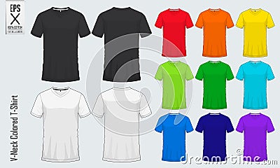 V-neck t-shirts templates. Colored shirt mockup in front view and back view for baseball, soccer, football, sportswear.Vector Vector Illustration