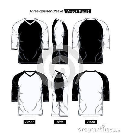 V Neck Three Quarter Sleeve Raglan T-Shirt Template, Front Side And Back, Black and White Vector Illustration