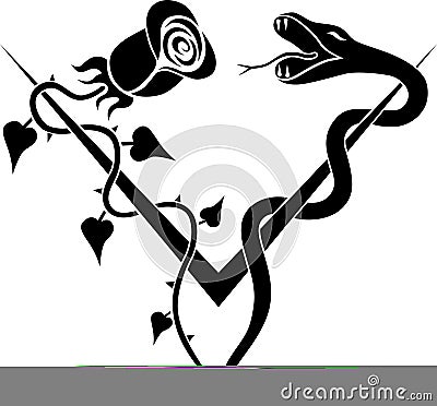 V Rose and Snake Tattoo Vector Illustration