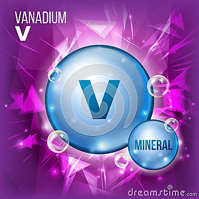 V Vanadium Vector. Mineral Blue Pill Icon. Vitamin Capsule Pill Icon. Substance For Beauty, Cosmetic, Heath Promo Ads Vector Illustration