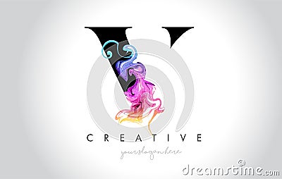 V Vibrant Creative Leter Logo Design with Colorful Smoke Ink Flo Vector Illustration