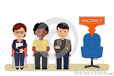 Vacancy. Cartoon people sitting on chairs awaiting an interview for employment. Recruitment. Vector Illustration