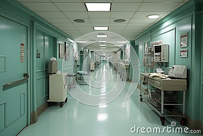 Vacant hospital corridor, silence pervades the sterile space, awaiting bustling life Stock Photo