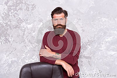 Vacant position. HR department. Empty chair. Bearded boss stand in office. Office worker. Need change of scenery Stock Photo