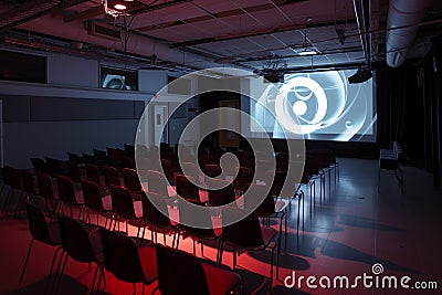 vacant press room with projected logo, no attendees Stock Photo