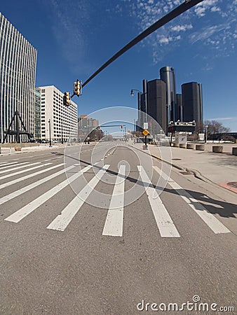 Vacant Streets in Downtown Detroit, Michigan at Mid-day as Coronavirus scare has Governor enact `Stay At Home Order` Stock Photo