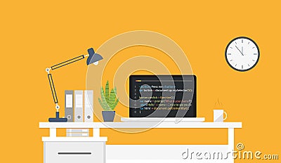 Vacant workplace. Modern creative office workspace with laptop, table, lamp on orange background. Flat minimalistic Vector Illustration