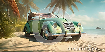 car vacation road retro tropical vintage beach travel trip summer. Generative AI. Stock Photo