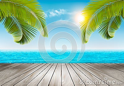 Vacation background. Beach with palm trees and blue sea. Vector Illustration