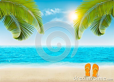 Vacation background. Beach with palm trees and blue sea. Vector Illustration