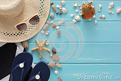 Vacation background on blue wood, top view with copy space Stock Photo