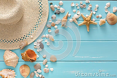 Vacation background on blue wood, top view with copy space Stock Photo