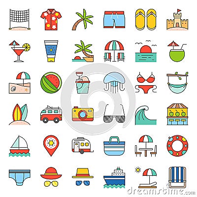 Vacation on the beach filled icon set Vector Illustration